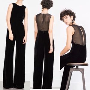 Zara velvet wide leg jumpsuit with sheer back